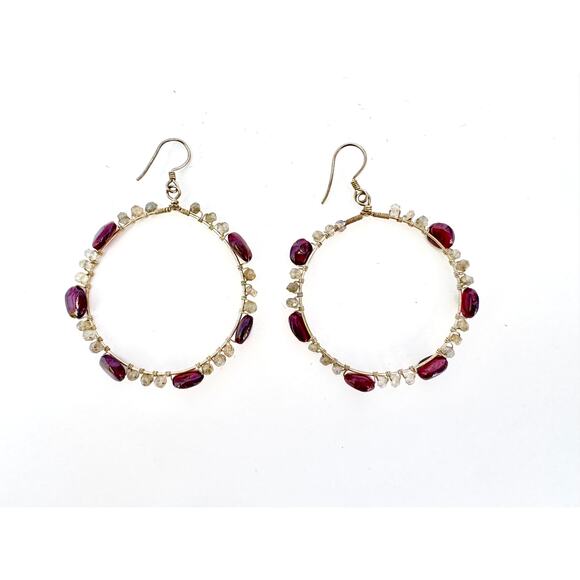 Garnet Labradorite Gemstone Beaded Hoops Sterling 925 Silver Handmade Earrings - Picture 1 of 3